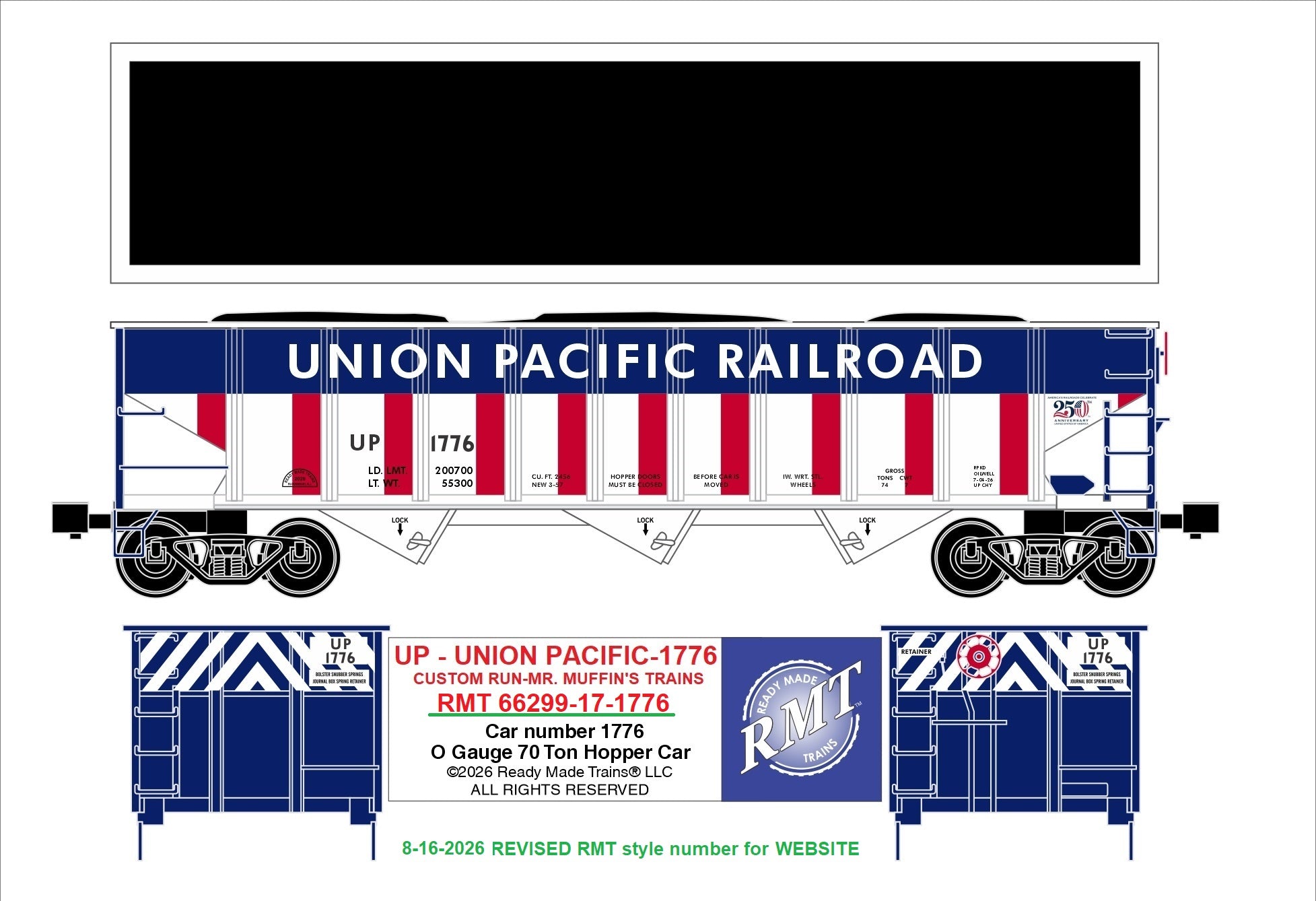 Ready Made Trains RMT-66299-17-1776 - 70 Ton 3-Bay Coal Hopper Car "Union Pacific" #1776 w/ Load - Custom Run for MrMuffin'sTrains