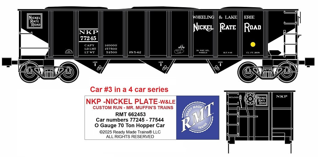 Ready Made Trains RMT-662453 - 70 Ton 3-Bay Coal Hopper Car "Nickel Plate Road" w/ Load (Lake Erie & Western) - Custom Run for MrMuffin'sTrains