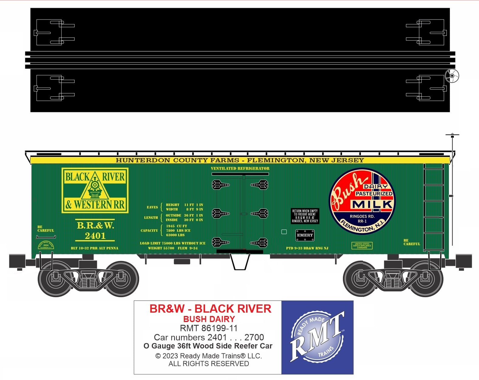 Ready Made Trains RMT-86199-11 - 36' Woodside Reefer Car "Black River & Western" (Bush Dairy)