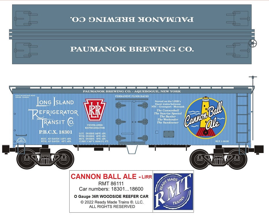 Ready Made Trains RMT-86111 - 36' Woodside Reefer Car "Long Island" (Cannon Ball Beer)
