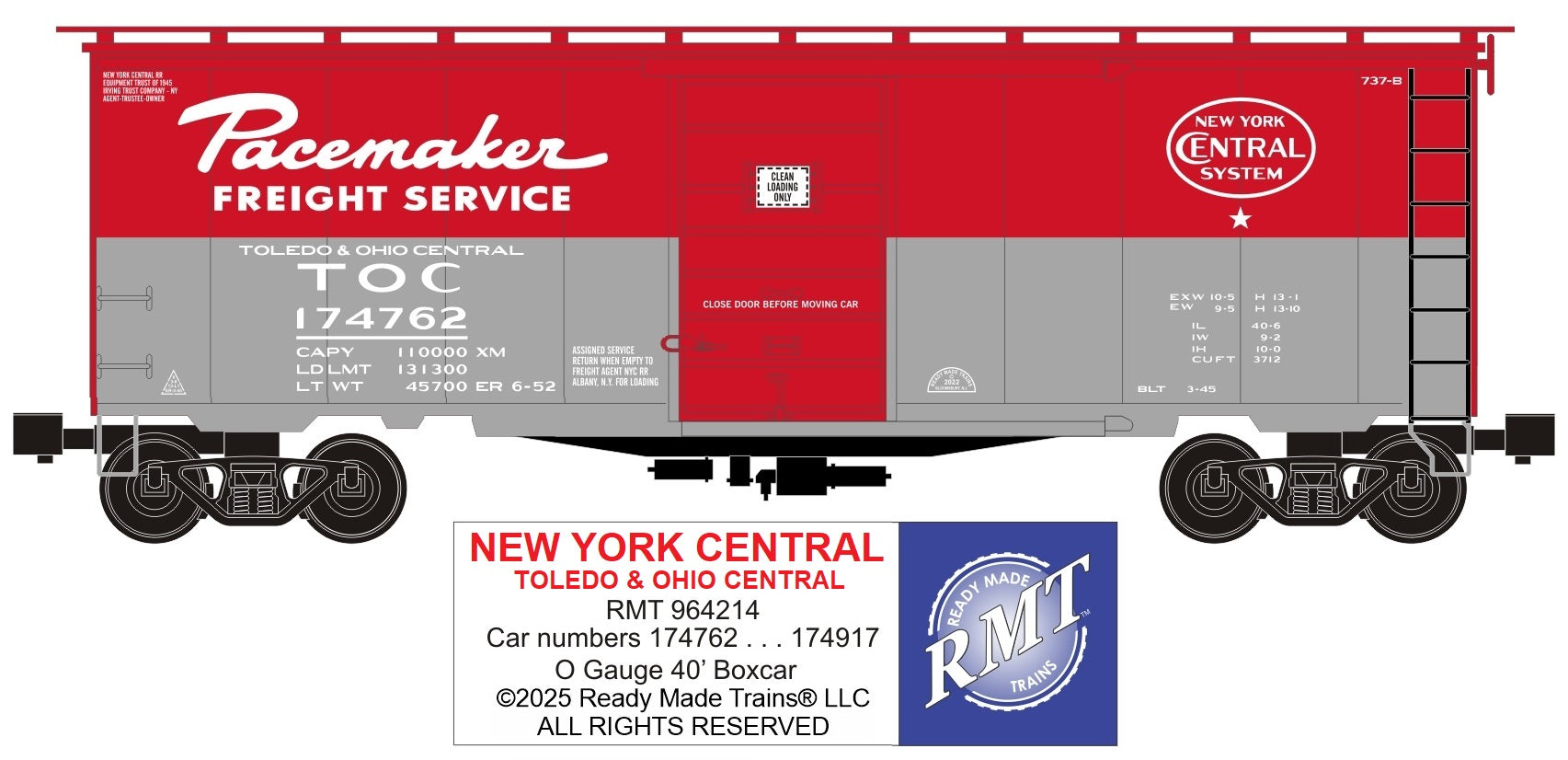Ready Made Trains RMT-96421-4 - 40" PS-1 Boxcar "New York Central" Toledo & Ohio Central (Pacemaker)