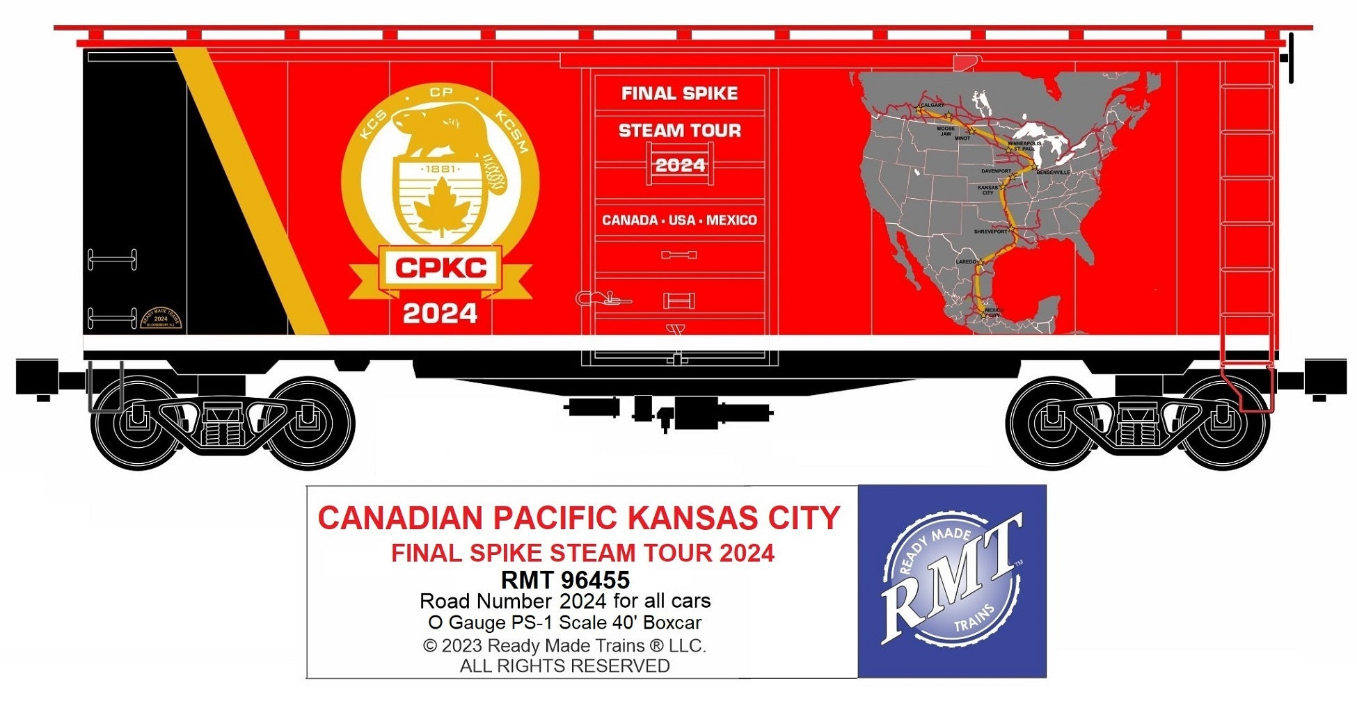 Ready Made Trains RMT-96455 - 40" PS-1 Boxcar "Canadian Pacific Kansas City" #2024 (Steam Tour)