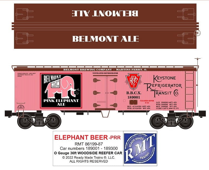 Ready Made Trains RMT-86199-87 - 36' Woodside Reefer Car "Keystone Refrigerator Transit Co." (Pink Elephant Beer)