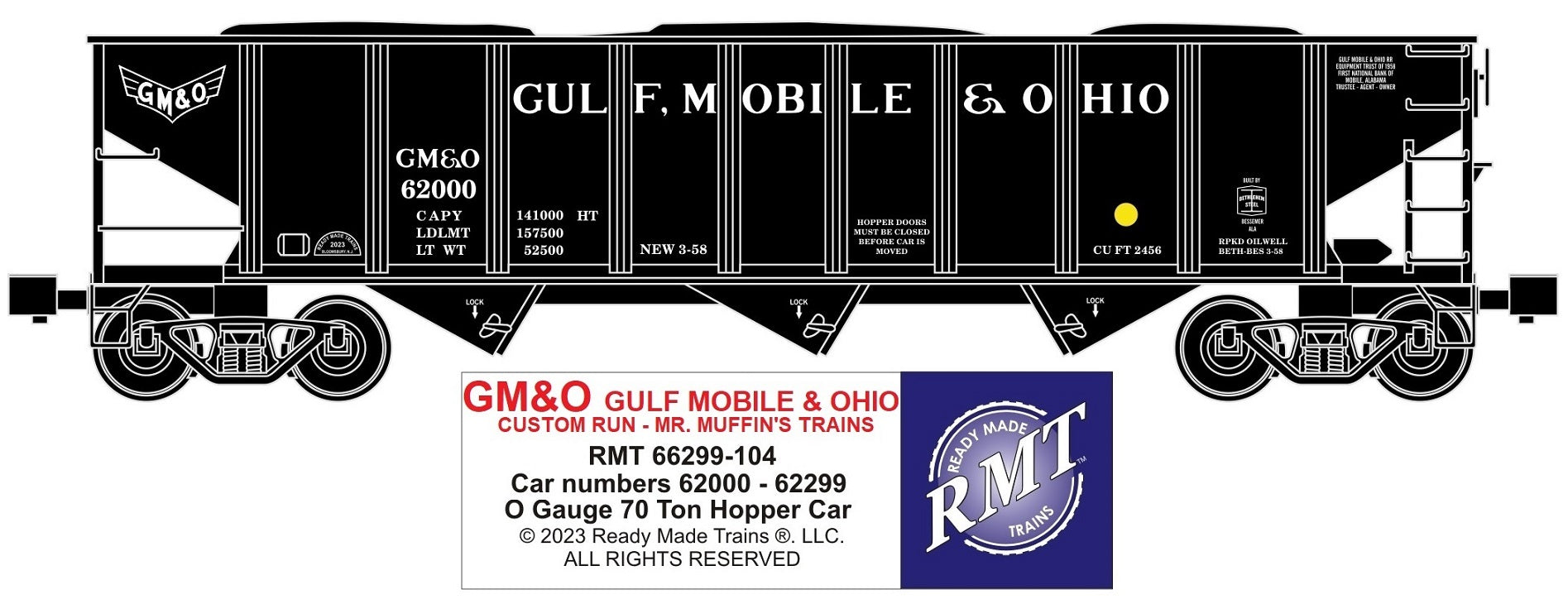 Ready Made Trains RMT-66299-104 - 70 Ton 3-Bay Coal Hopper Car "Gulf, Mobile & Ohio" w/ Load - Custom Run for MrMuffin'sTrains