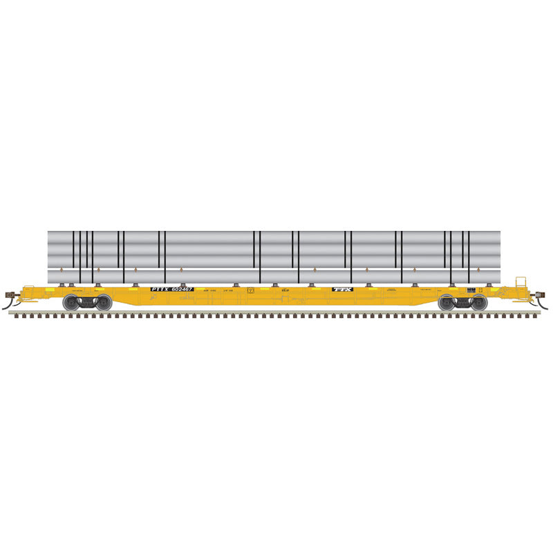 Atlas HO 20008199 - HO F89J Flat Car "PTTX Yellow" #602467 (w/Conspicuity w/ deck risers & silver pipe load)
