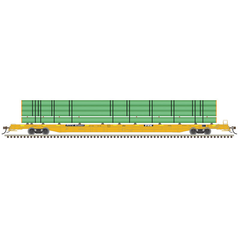 Atlas HO 20008203 - HO F89J Flat Car "PTTX Yellow" #602062 (w/ Conspicuity w/deck risers & green pipe load)