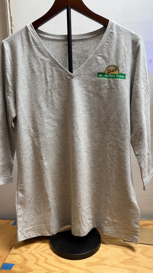T-Shirt - "Mr.Muffin's" Logo V-Neck 3/4 Sleeve (Light Grey) Adult