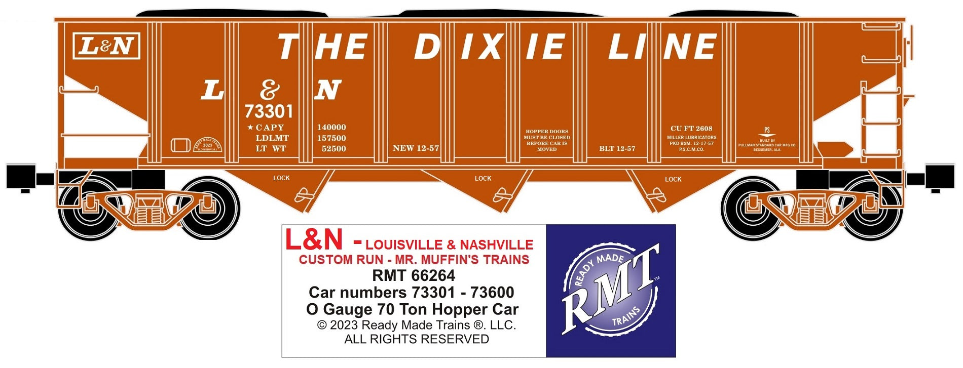 Ready Made Trains RMT-66264 - 70 Ton 3-Bay Coal Hopper Car "Louisville & Nashville" w/ Load - Custom Run for MrMuffin'sTrains