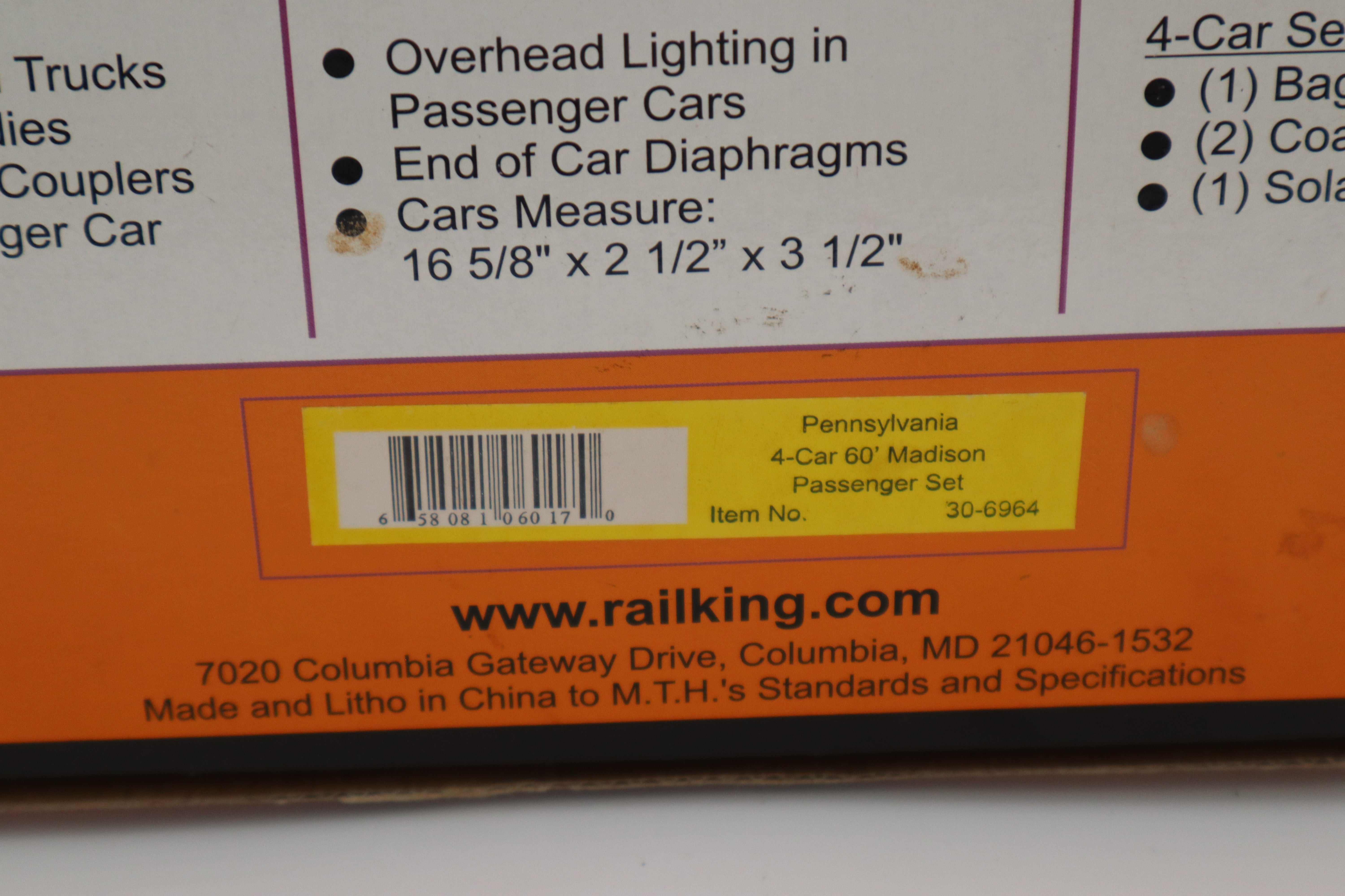 Rail King 30-6964 Pennsylvania 4 Car 60' Madison Passenger Set-Second hand-M8169
