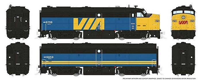 Rapido Trains HO 606-21610 - FPA/B-2u Diesel Engine Set "VIA Rail Canada" #6759, 6859 (blue, yellow, red) Sound & DCC