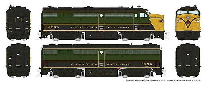 Rapido Trains HO 606-21106 - FPA/B-2u Diesel Engine Set "Canadian National" #6759, 6859 (1954; green, black, yellow) DC