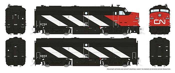 Rapido Trains HO 606-21107 - FPA/B-2u Diesel Engine Set "Canadian National" #6758, 6858 (black, white, red, Noodle Logo, Stripes) DC