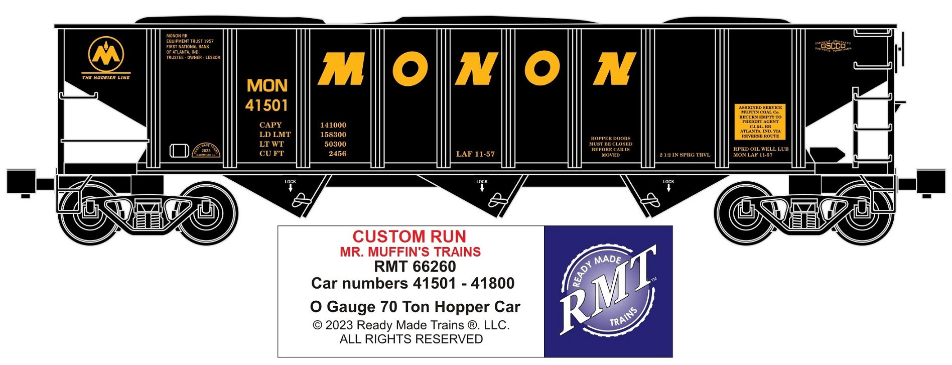 Ready Made Trains RMT-66260 - 70 Ton 3-Bay Coal Hopper Car "Monon" w/ Load - Custom Run for MrMuffin'sTrains