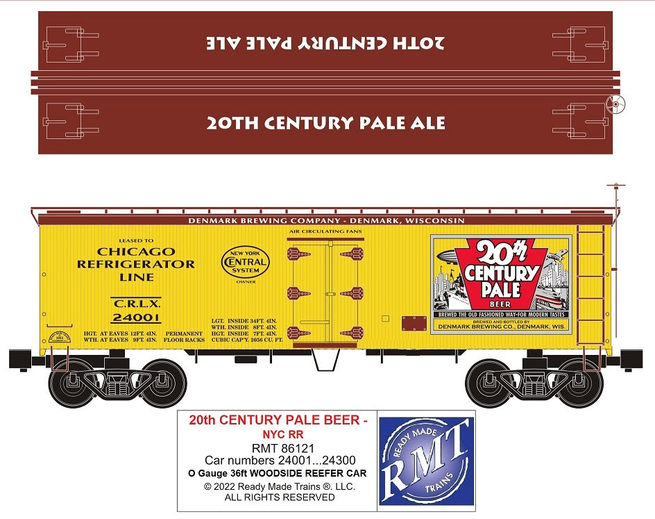 Ready Made Trains RMT-86121 - 36' Woodside Reefer Car "New York Central" (20th Century Pale Beer)