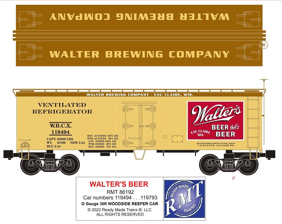 Ready Made Trains RMT-86192 - 36' Woodside Reefer Car "Walter's Brewing Company" - MrMuffin'sTrains