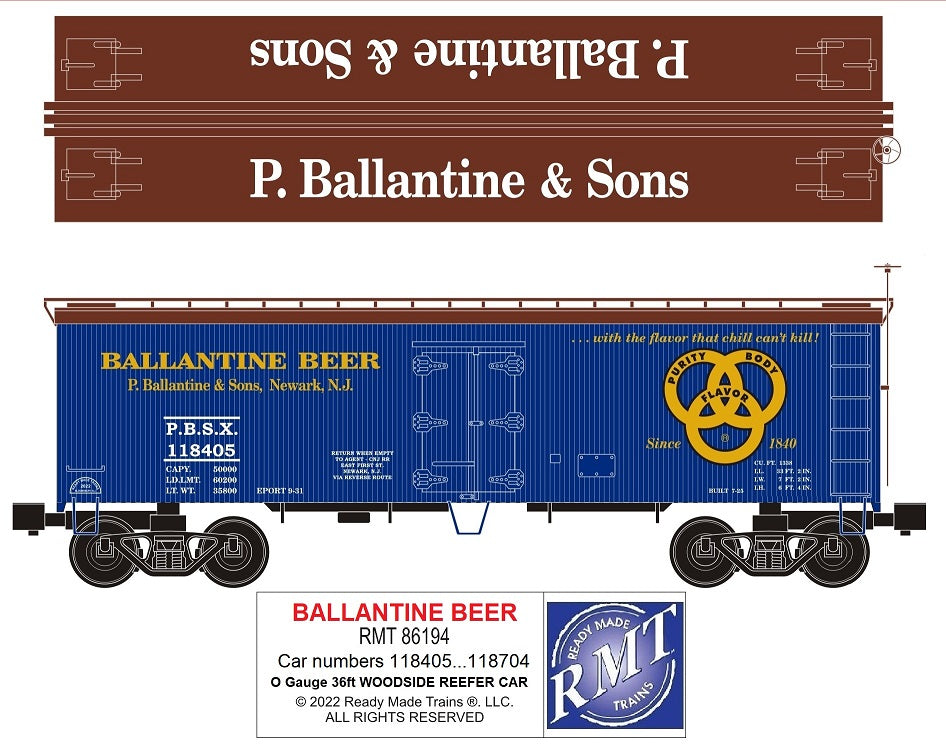Ready Made Trains RMT-86194 - 36' Woodside Reefer Car "Ballantine Brewing Company"
