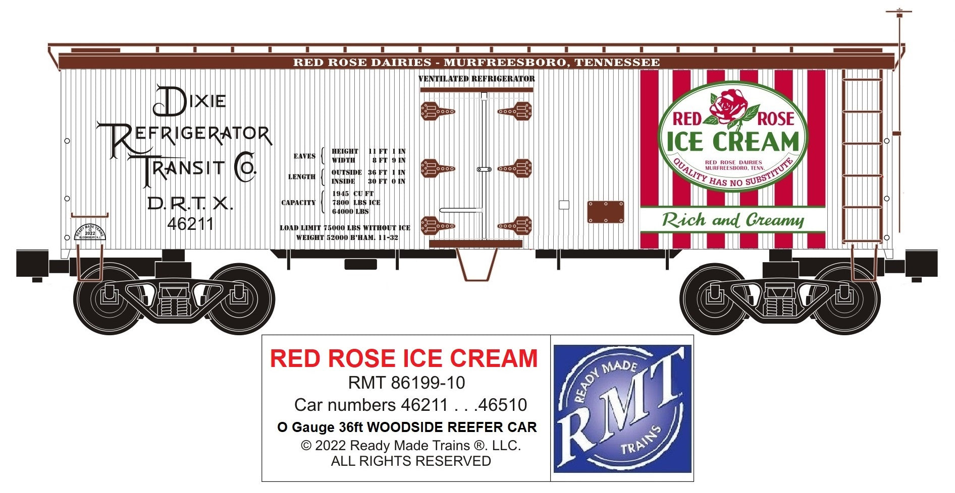Ready Made Trains RMT-86199-10 - 36' Woodside Reefer Car "Dixie Refrigerator Transit" (Red Rose Ice Cream)