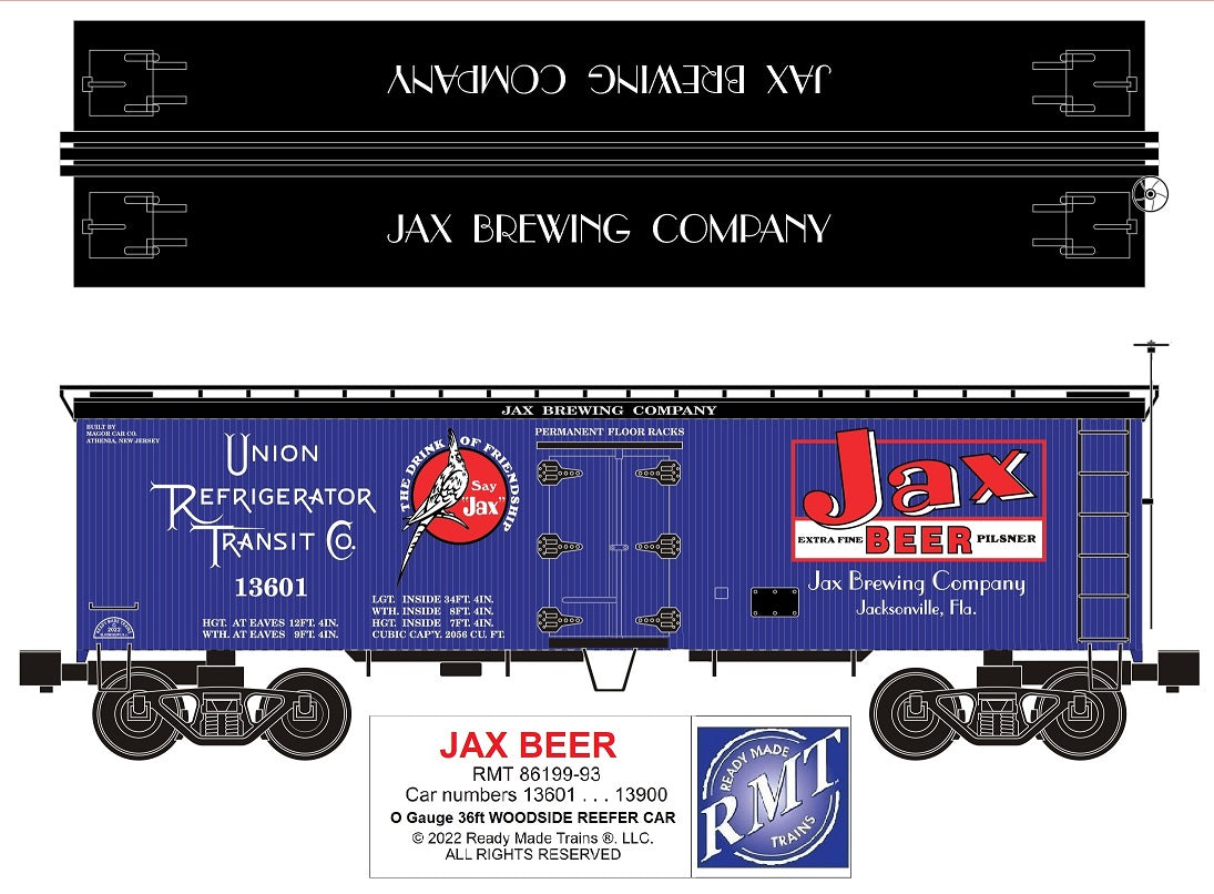 Ready Made Trains RMT-86199-93 - 36' Woodside Reefer Car "Union Refrigerator Transit Co." (Jax Beer) - MrMuffin'sTrains