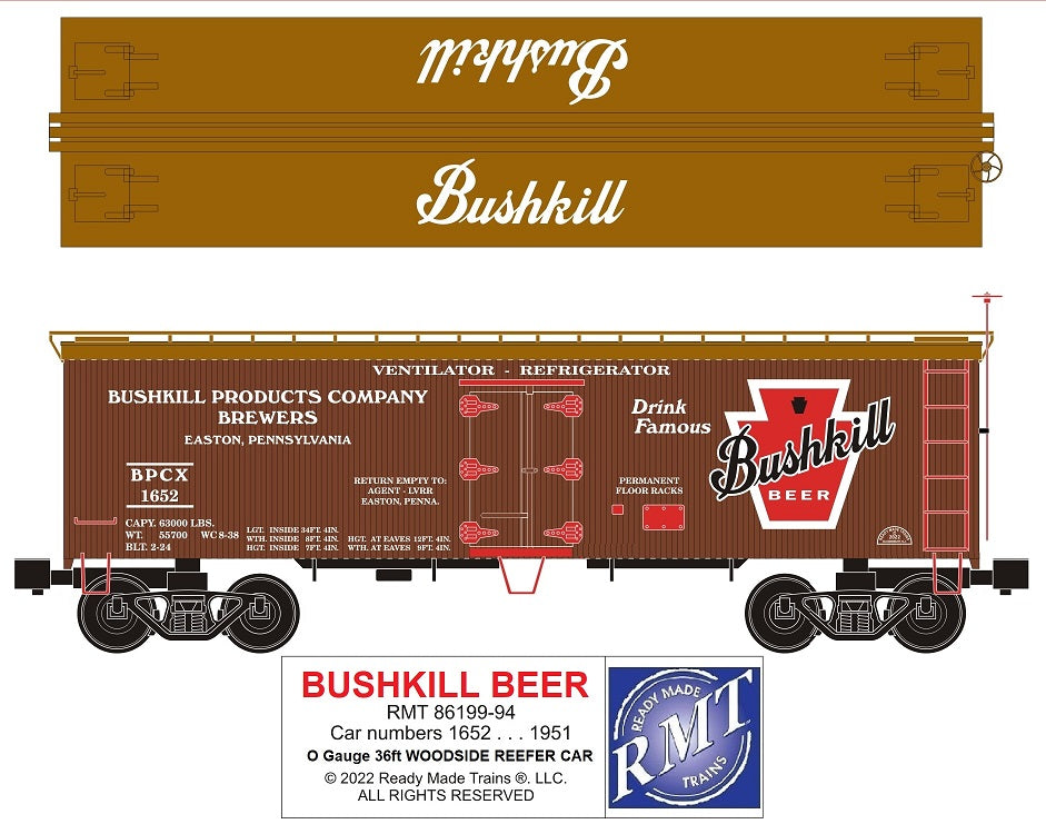 Ready Made Trains RMT-86199-94 - 36' Woodside Reefer Car "Bushkill Products Company Brewers"