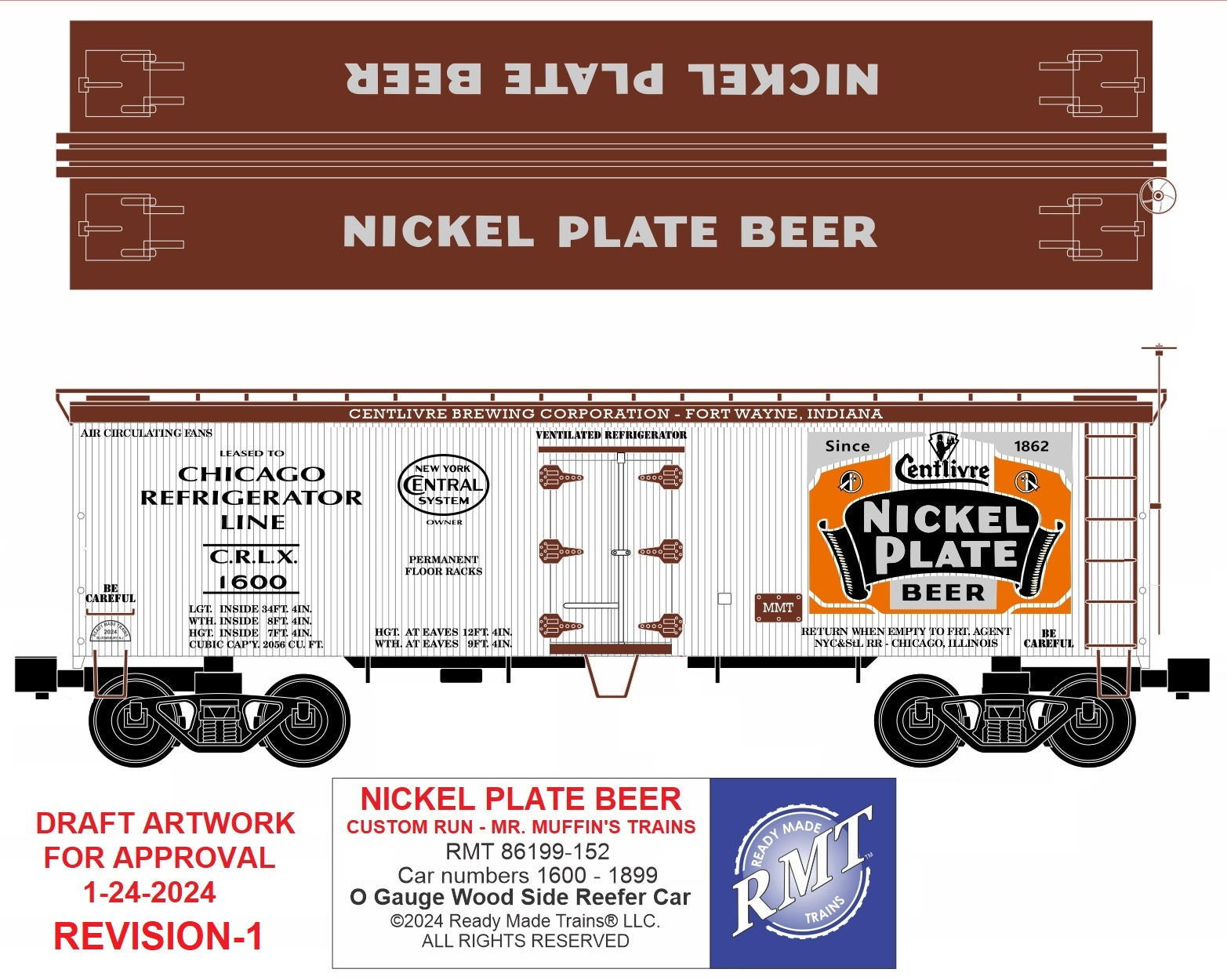 Ready Made Trains RMT-86199-152 - 36' Woodside Reefer Car "New York Central" (Nickel Plate Beer) - Custom Run for MrMuffin'sTrains