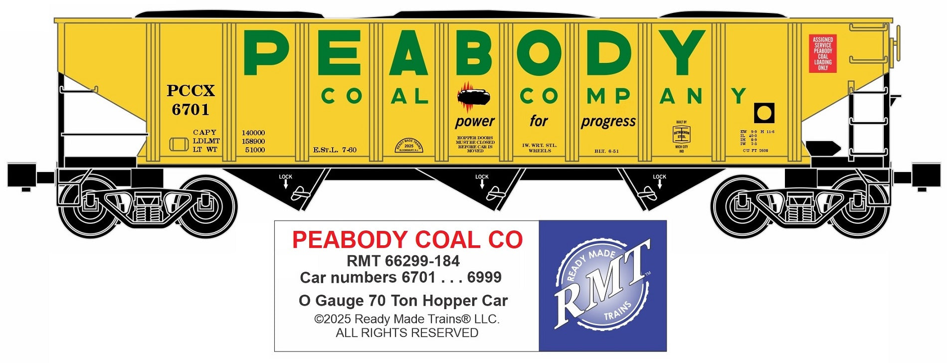 Ready Made Trains RMT-66299-184 - 70 Ton 3-Bay Coal Hopper Car "Peabody Coal Co" w/ Load