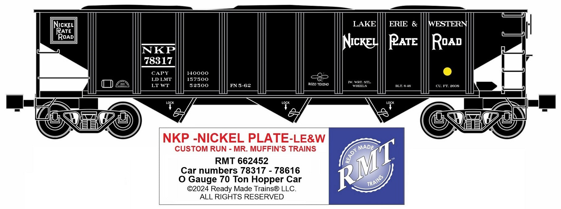 Ready Made Trains RMT-662452 - 70 Ton 3-Bay Coal Hopper Car "Nickel Plate Road" w/ Load (Lake Erie & Western) - Custom Run for MrMuffin'sTrains