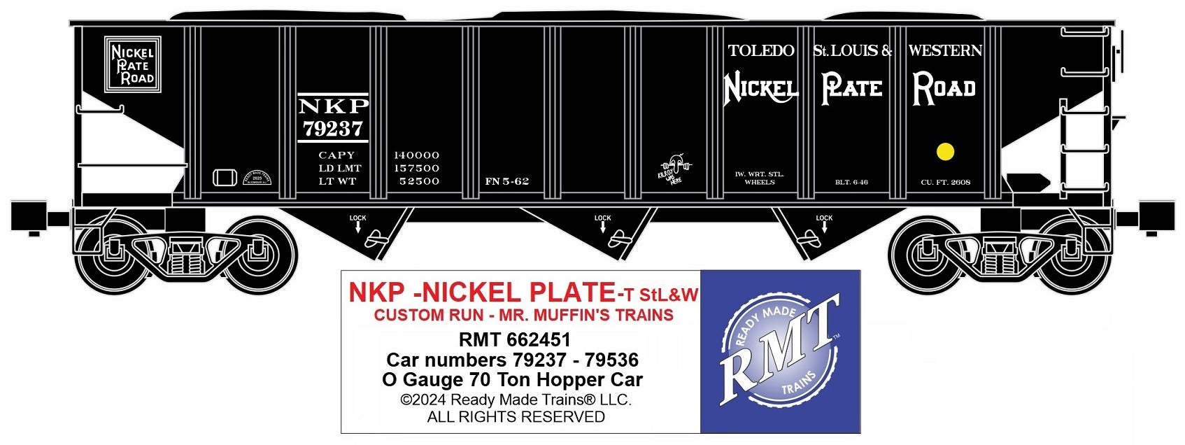 Ready Made Trains RMT-662451 - 70 Ton 3-Bay Coal Hopper Car "Nickel Plate Road" w/ Load (Toledo, St Lous & Western) - Custom Run for MrMuffin'sTrains