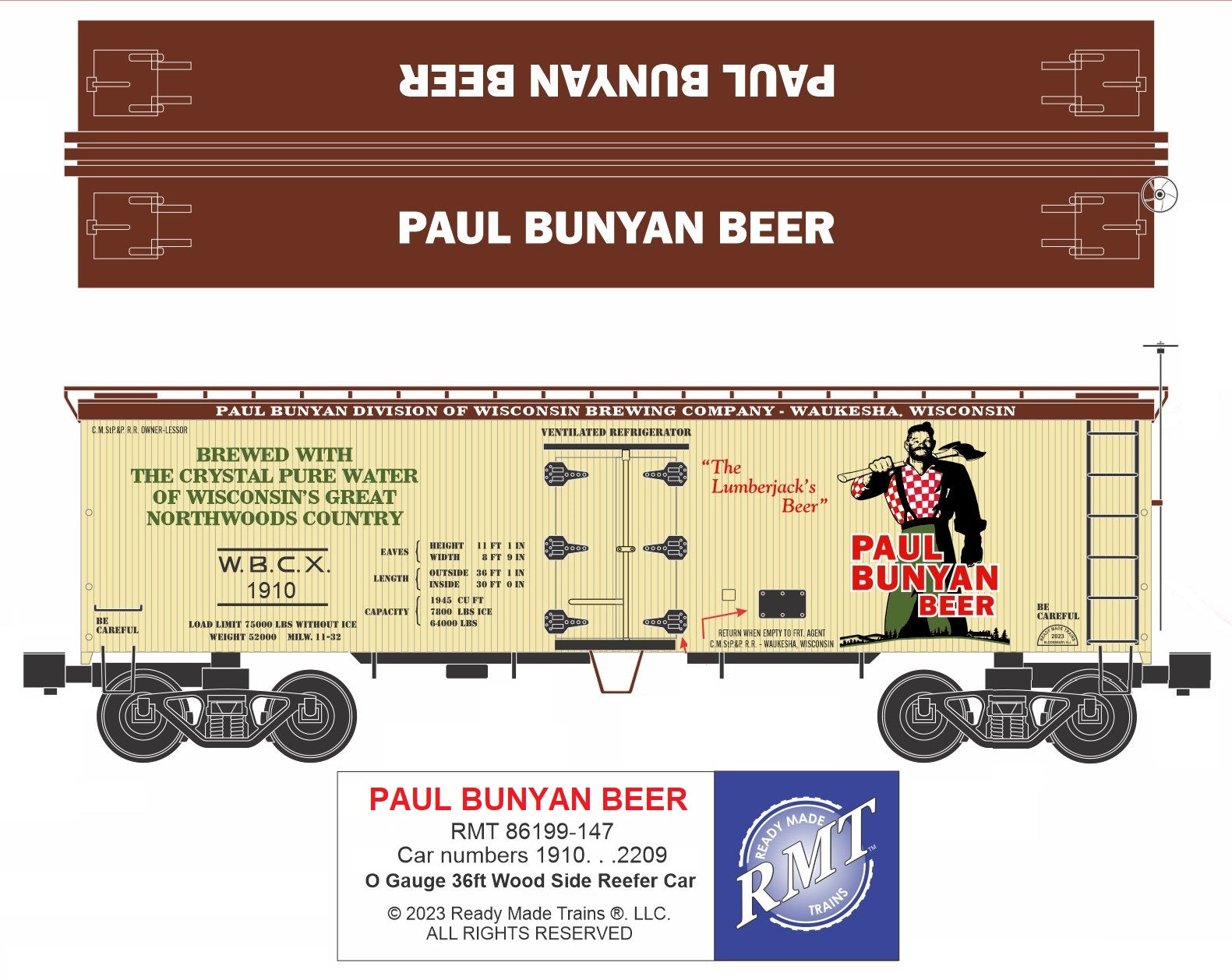 Ready Made Trains RMT-86199-147 - 36' Woodside Reefer Car "Paul Bunyan Beer"