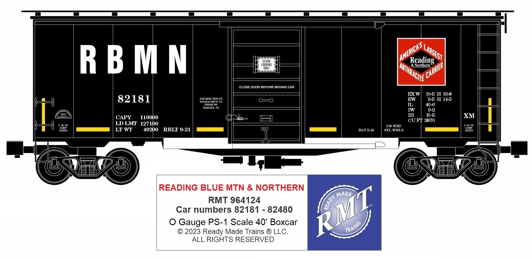 Ready Made Trains RMT-96412-4 - 40" PS-1 Boxcar "Reading, Blue Mountain & Northern"