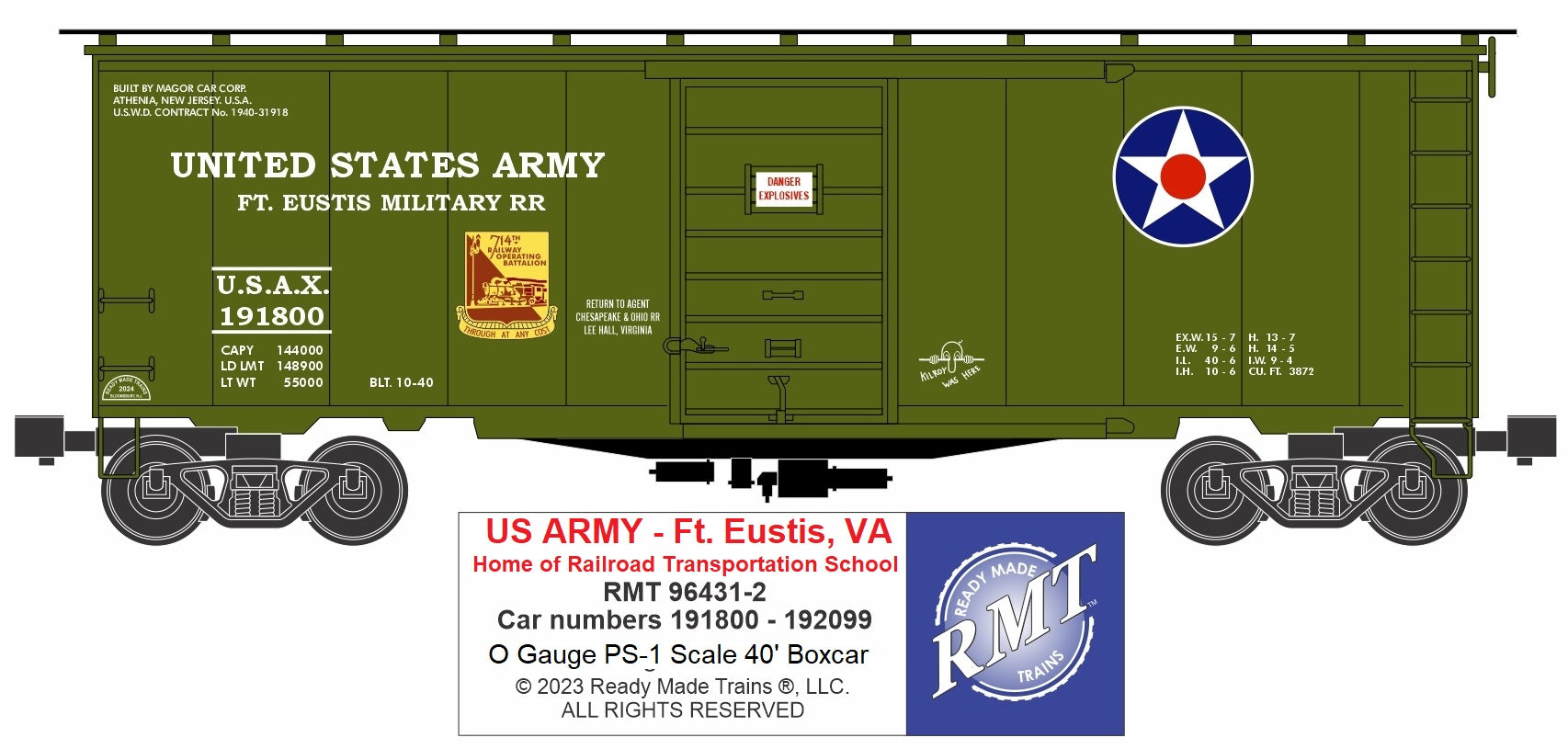 Ready Made Trains RMT-96431-2 - 40" PS-1 Boxcar "U.S. Army" (Ft. Eustis, VA)