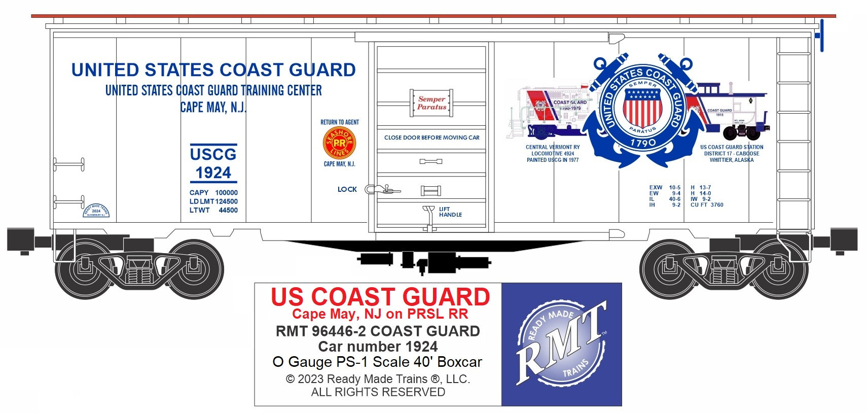 Ready Made Trains RMT-96446-2 - 40" PS-1 Boxcar "U.S. Coast Guard" #1924 (Cape May)