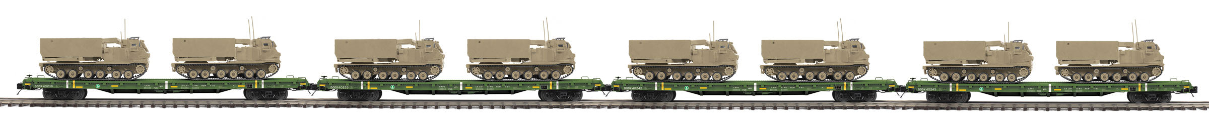 MTH 20-92283 - 60’ Flat Car "U.S. Army" w/ (2) M270 Rocket Launcher Vehicles (4-Car) - Set #1 - Desert