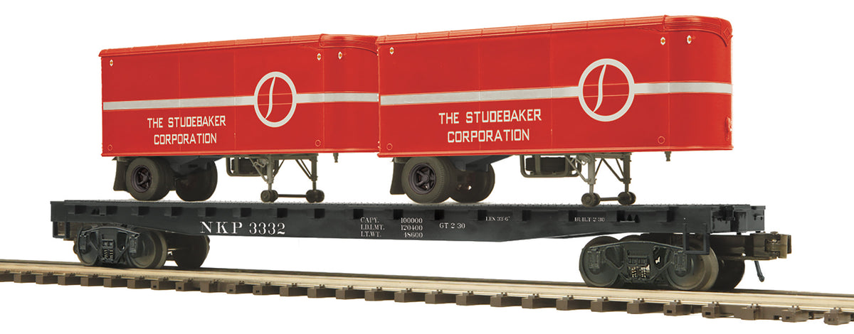 MTH 20-959NKP - Premier - Flat Car "Nickel Plate Road" w/ (2) PUP Trailers (Studebaker) - New Road Numbers - Custom Run for MrMuffin'sTrains