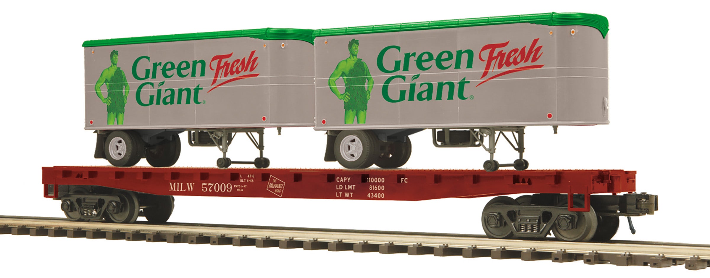 MTH 20-95555 - Flat Car "Milwaukee Road" w/ (2) PUP Trailers (Green Giant)