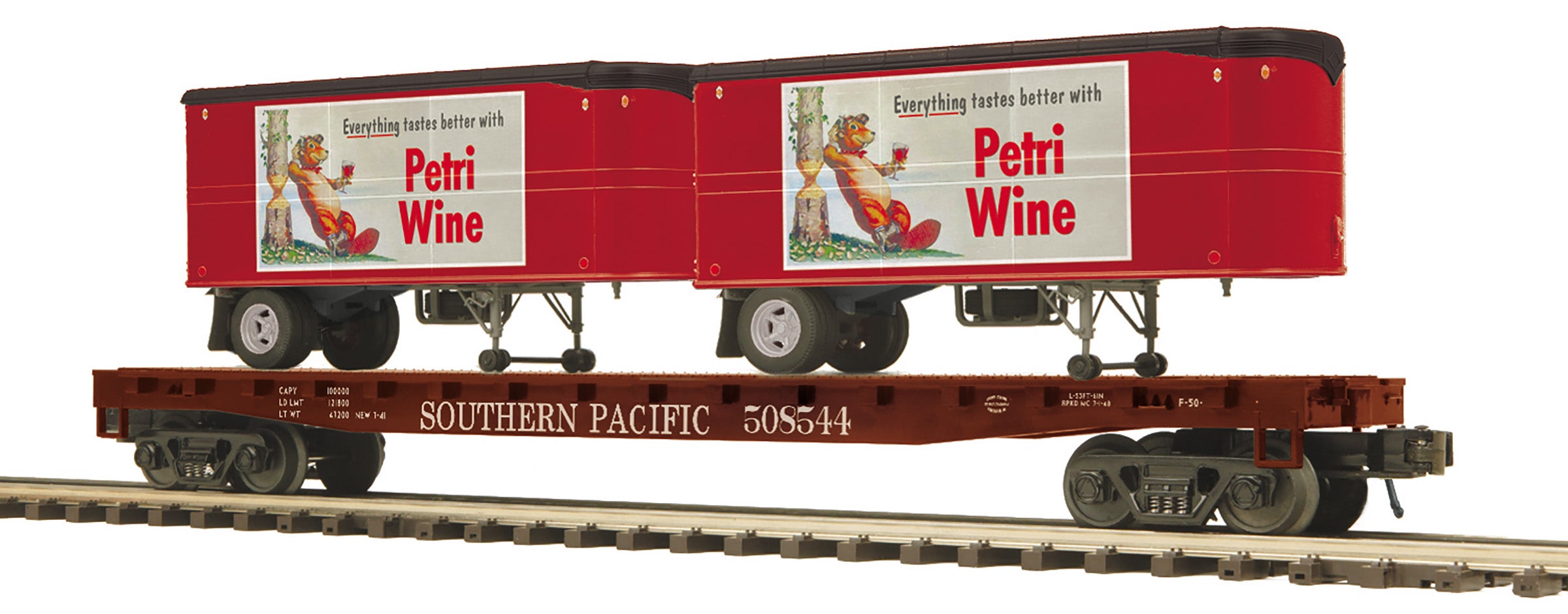 MTH 20-95557 - Flat Car "Southern Pacific" w/ (2) PUP Trailers (Petri Wine)