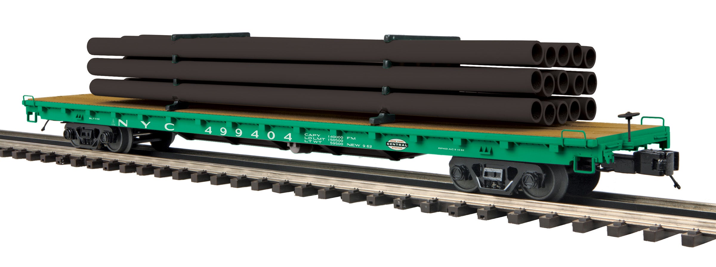 MTH 20-95606 - 60’ Flat Car "New York Central" w/ Pipe Load (Black) #499404 - Custom Run for MrMuffin'sTrains