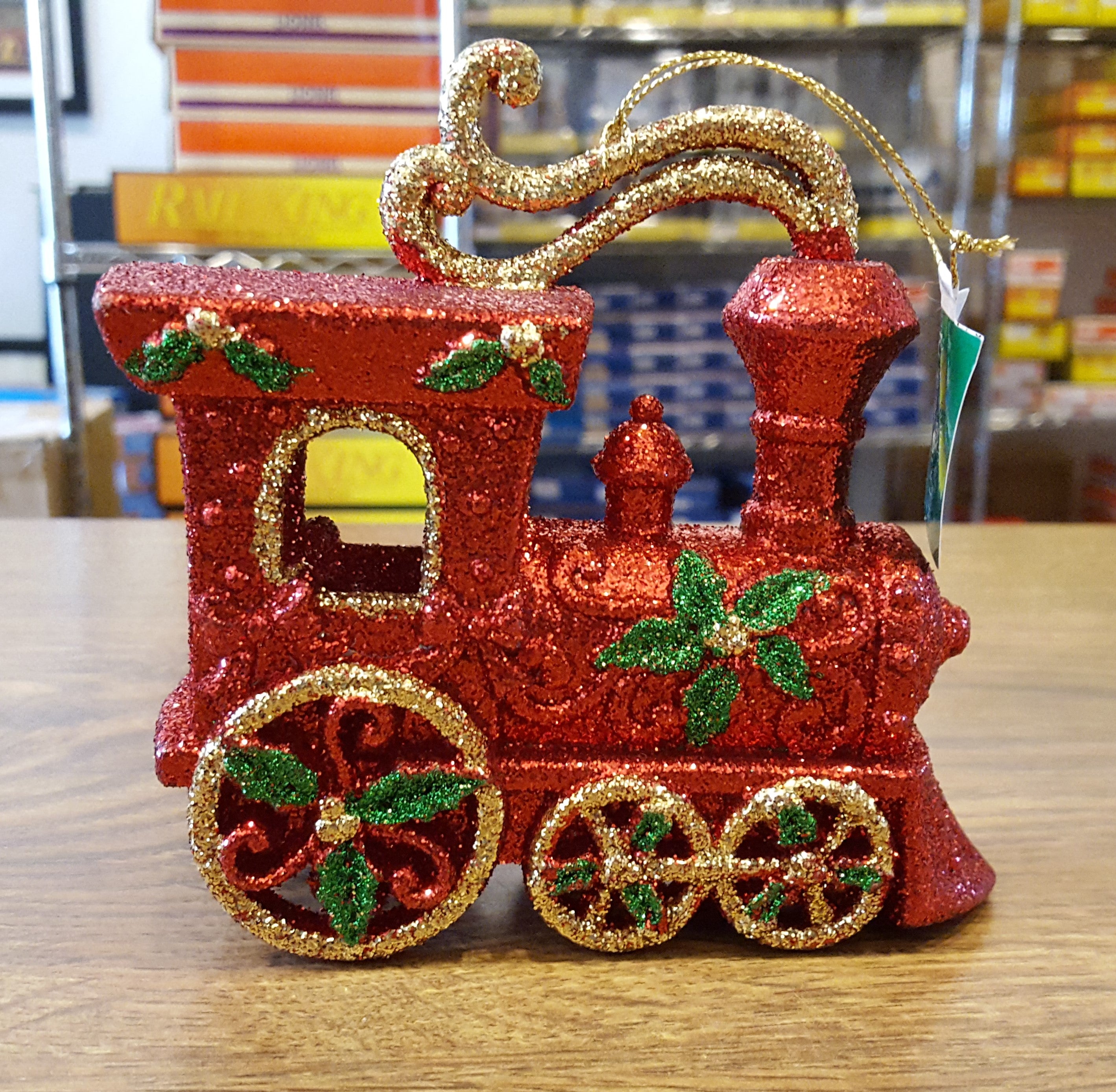Ornament - Red & Gold Glitter Steam Train