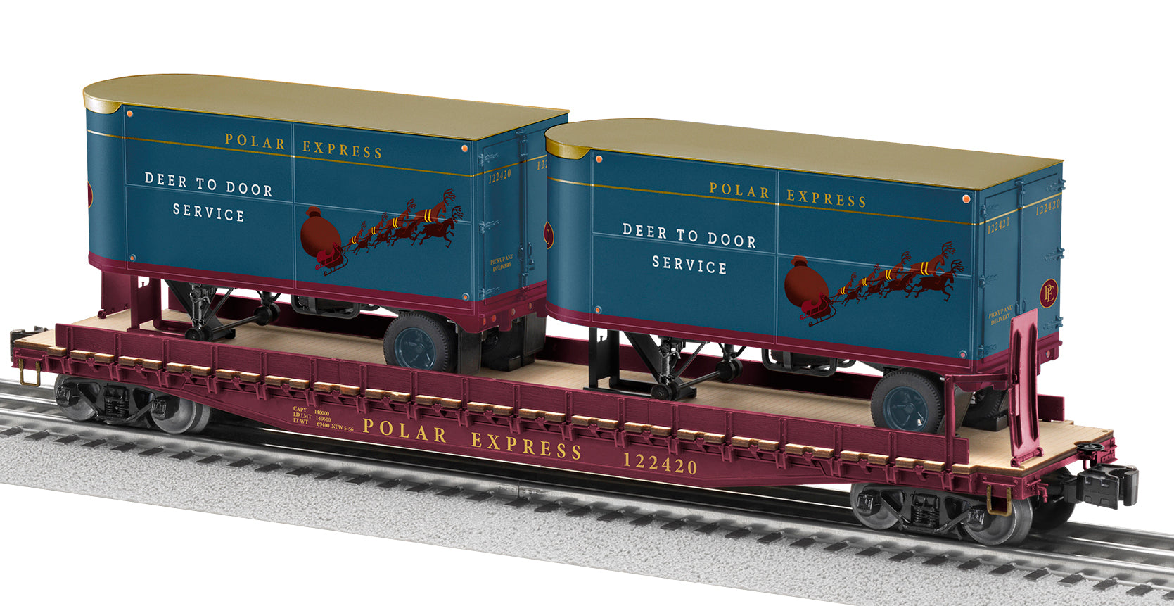 Lionel 2026671 - 50' Flatcar "The Polar Express" #122420 w/ 20' Trailers