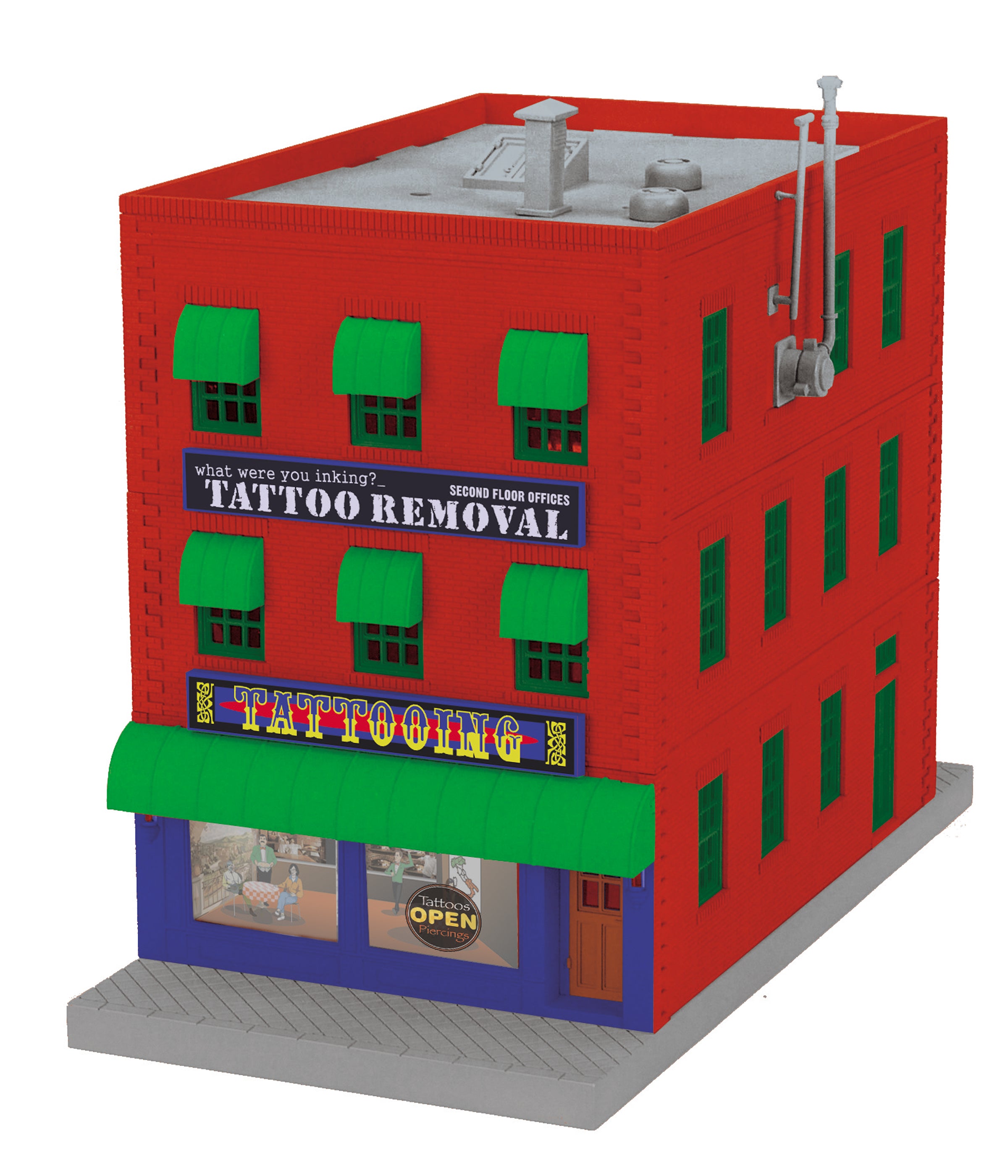 MTH 30-90566 - 3-Story City Building "What were you inking - Tattoo Removal" w/ Fire Escape & Blinking Sign