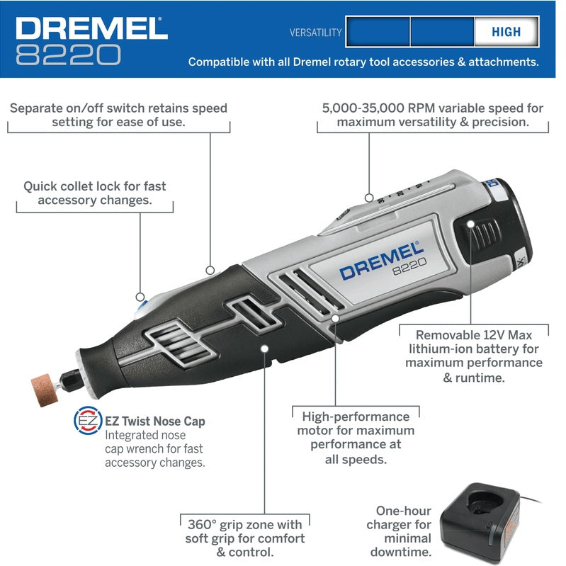 Dremel 8220-2/28 12V 35000RPM Cordless Rotary Tool Kit - Gray for sale  online