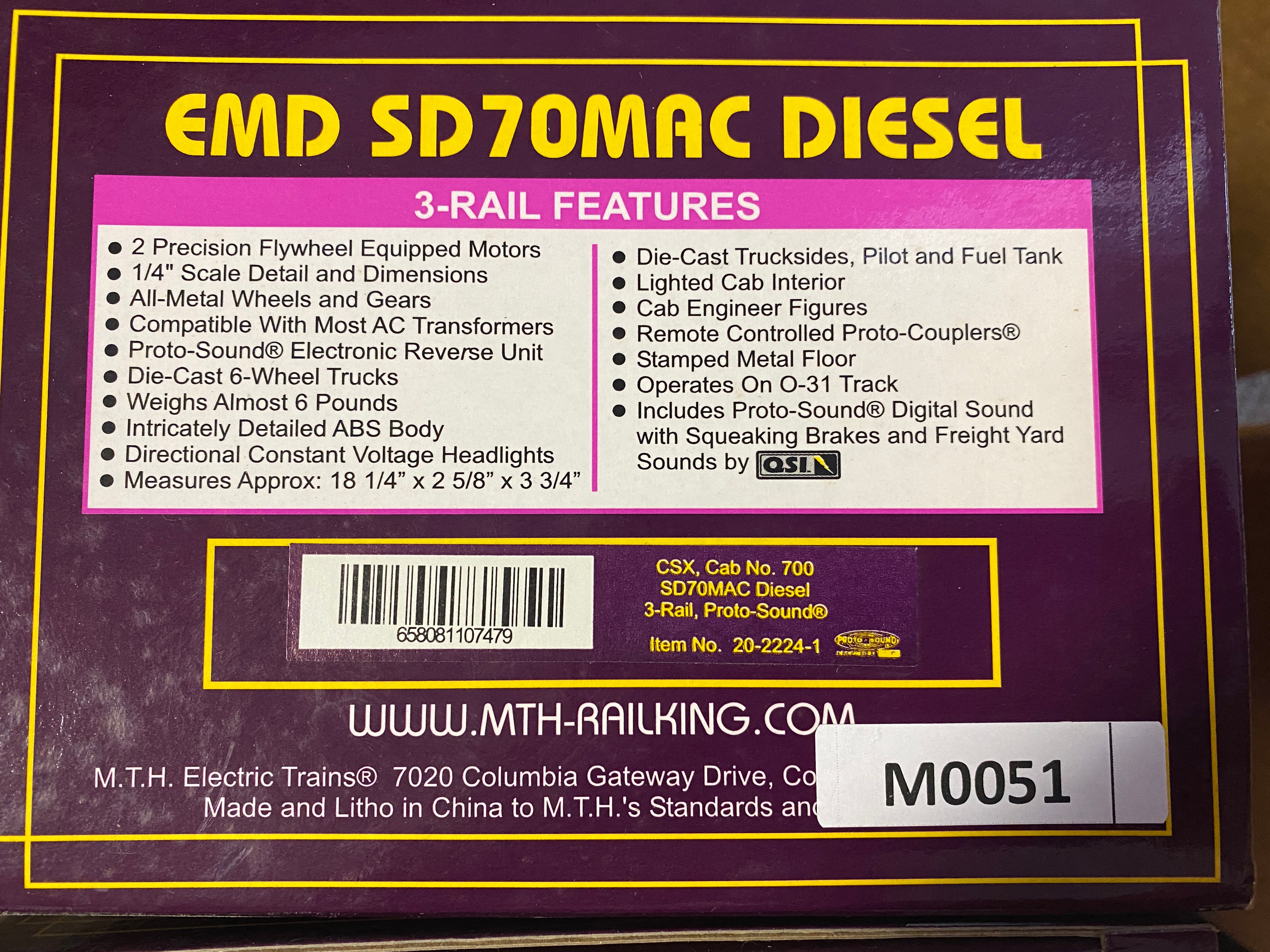 MTH 20-2224-1 - SD70 MAC Diesel Engine "CSX" #700 w/ Proto - Second Hand
