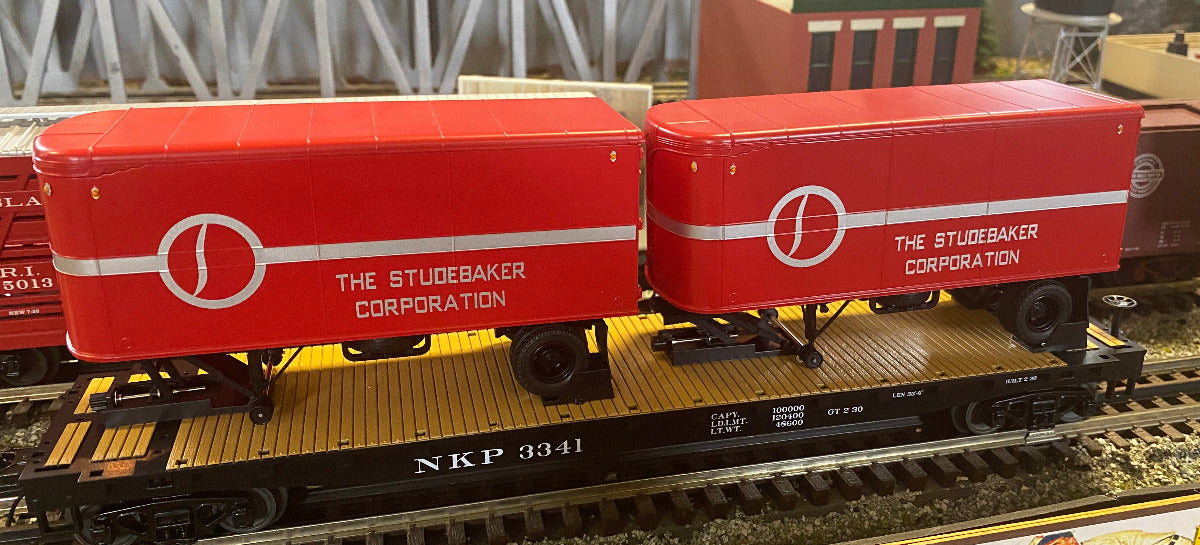 MTH 20-959NKP - Premier - Flat Car "Nickel Plate Road" w/ (2) PUP Trailers (Studebaker) - New Road Numbers - Custom Run for MrMuffin'sTrains