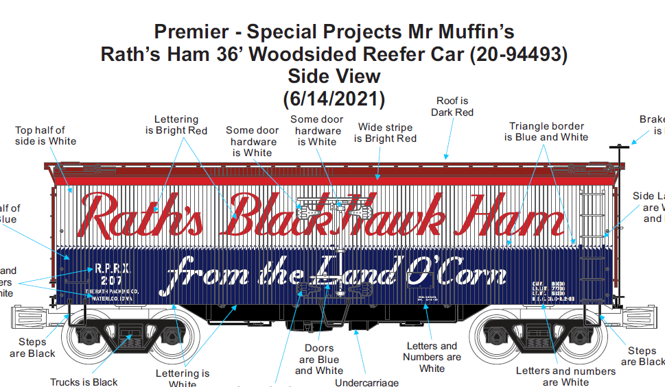 MTH 20-94493 - 36' Woodsided Reefer Car "Rath's Blackhawk Ham" #207 - Custom Run for MrMuffin'sTrains