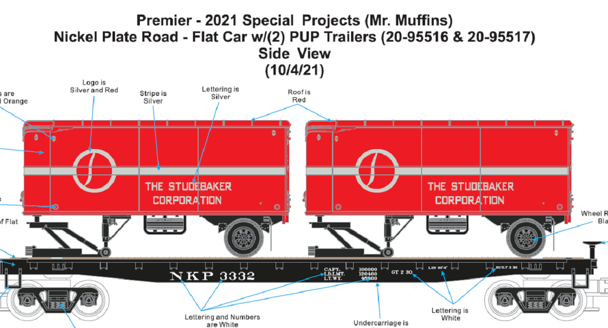 MTH 20-959NKP - Premier - Flat Car "Nickel Plate Road" w/ (2) PUP Trailers (Studebaker) - New Road Numbers - Custom Run for MrMuffin'sTrains