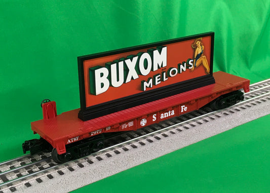 MTH 30-76858 - RailKing - Flat Car "Santa Fe" #297219 w/ Billboard (Buxom Mellons) - MrMuffin'sTrains