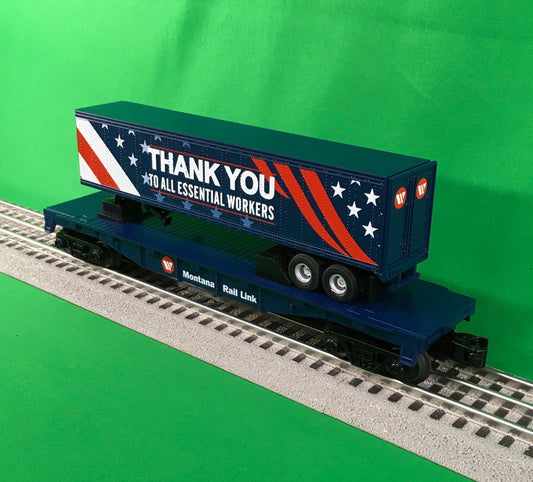 MTH 30-76848 - RailKing - Flat Car "Montana Rail Link" w/ Trailer (Essential Workers) - MrMuffin'sTrains
